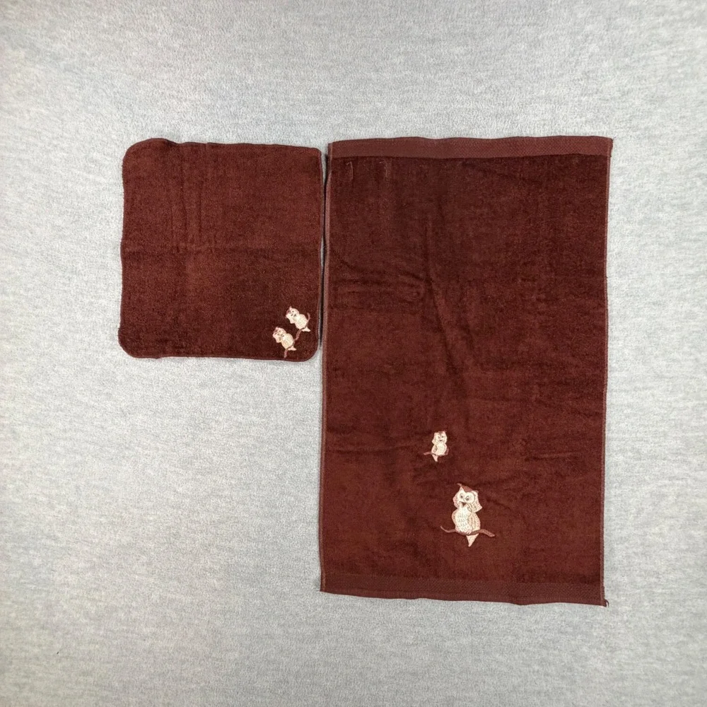 Martex Owl Bath Hand Towel Washcloth Set Brown‎ Vintage Embroidered 3 Piece MCM
